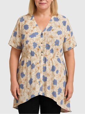 PENNINGTONS Floral Button Front  Short sleeve High Low Top 1X